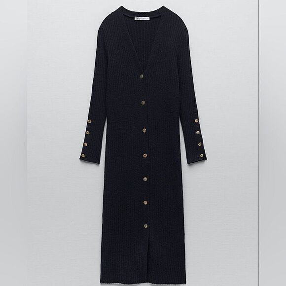 THICK FABRIC ZARA SOFT GOLD BUTTON RIBBED KNIT DRESS - Picture 4 of 8